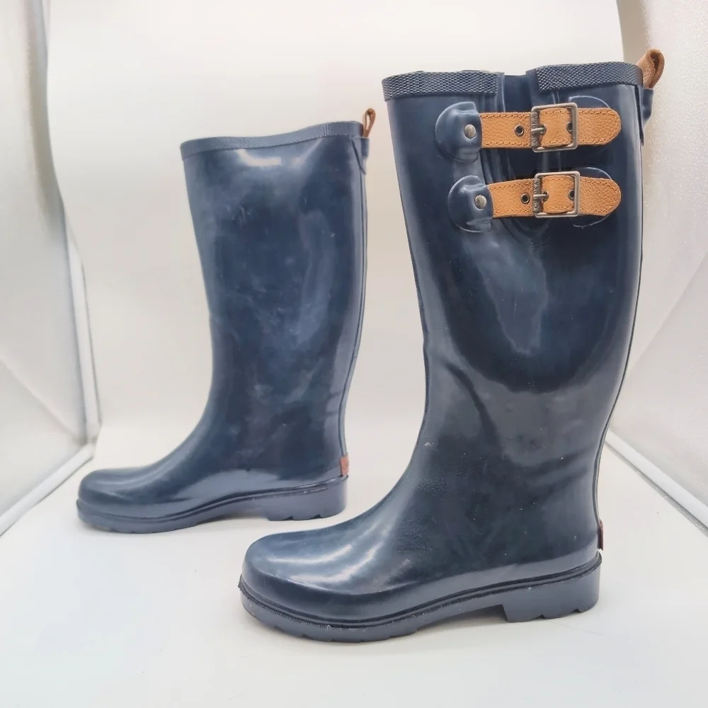 Chooka Dark Blue Rain Boots with Brown Buckles Sz 6 1011997 WSC 14042801